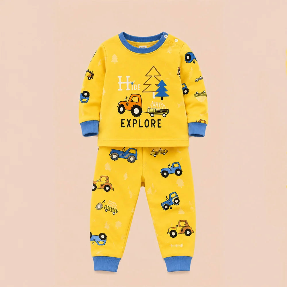 Explore Kids Pajamas Set - Cartoon Truck & Campfire Sleepwear (2-Piece Set)