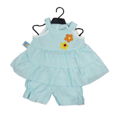 Blue Baby Dress with Floral Ruffle Sleeve Romper - Soft Cotton Fabric, Adorable Print, Perfect Fit for Babies