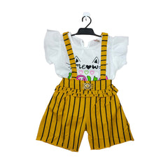 Cat-themed baby romper with yellow suspenders and ruffle trim