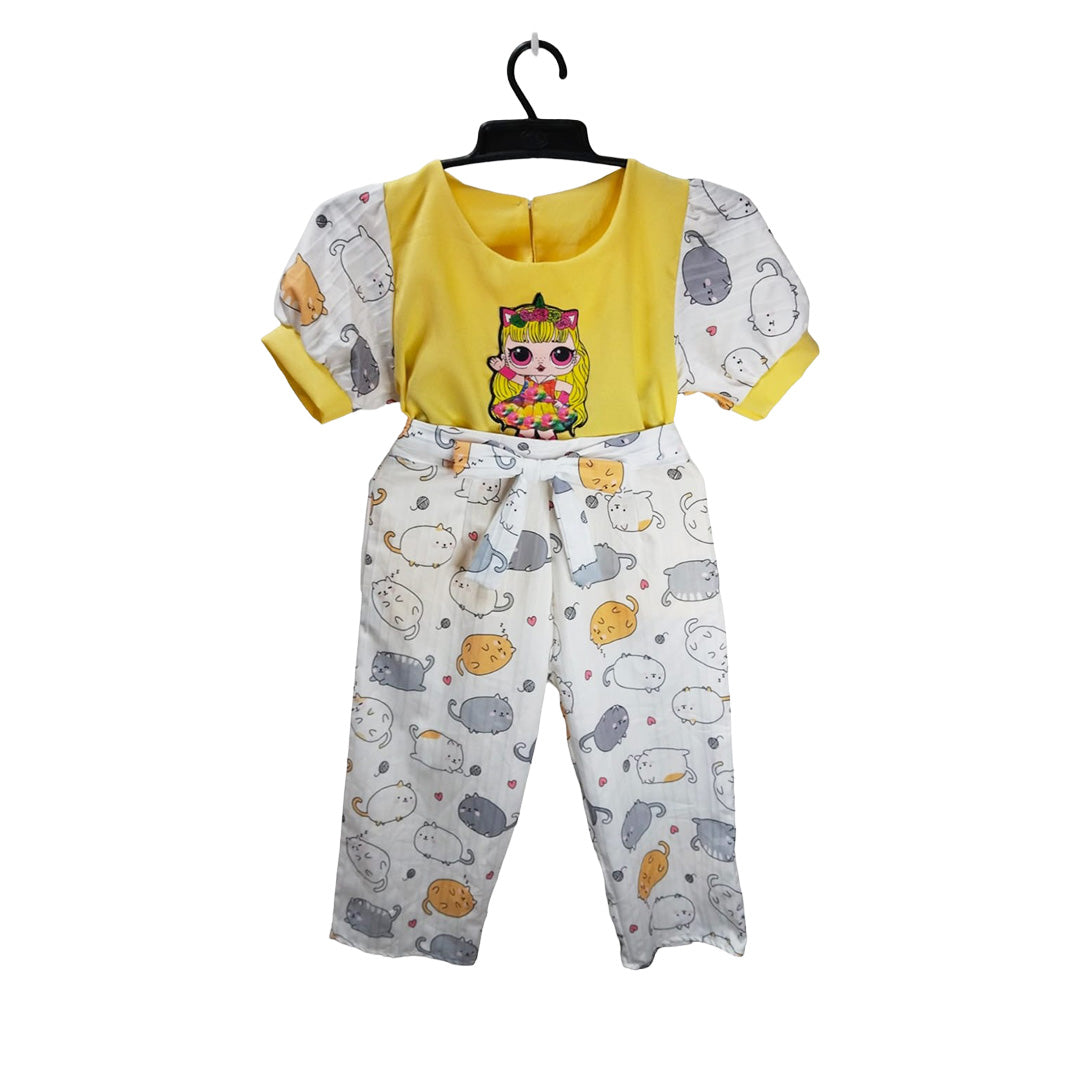 Adorable Baby Onesie with Stylish Jumpsuit - Unique Cat Pattern and Yellow Bib