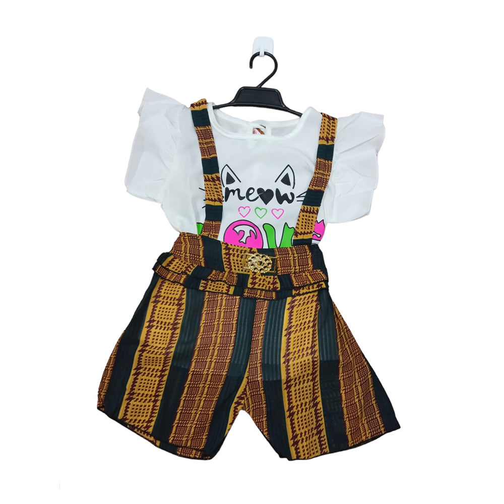 Colorful Patterned Overalls with Cat Print T-shirt