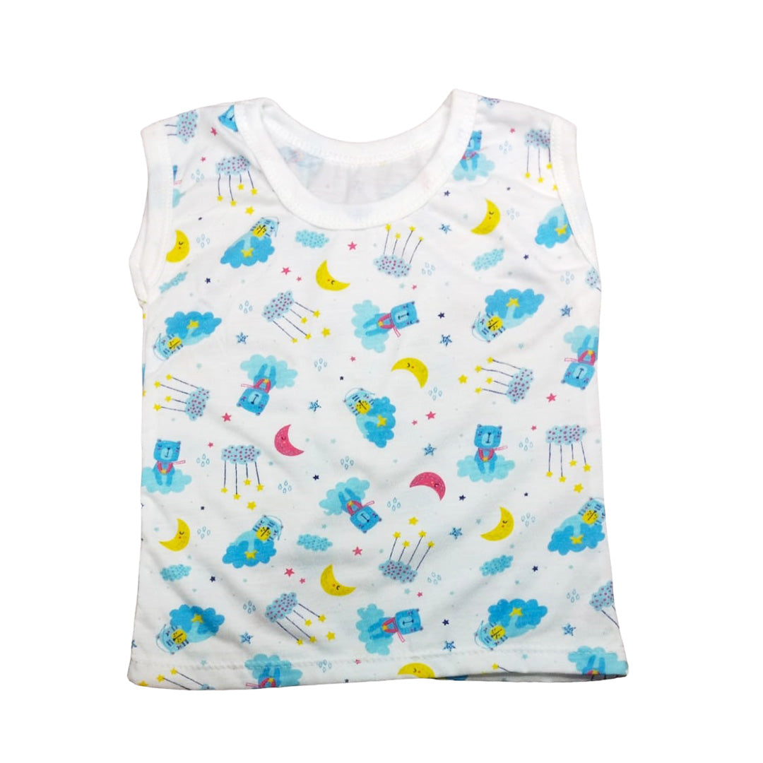 Baby Blue Tank Top with Moon and Star Pattern, Cotton
