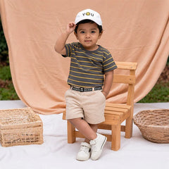 Fashionable Striped T-shirt with Cute Shorts Set, Kids' Summer Outfit Set (Cotton, Yellow and Gray Stripes)