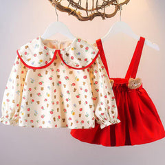 Red Ruffled Baby Shirt with Teddy Bear Bow and Bib