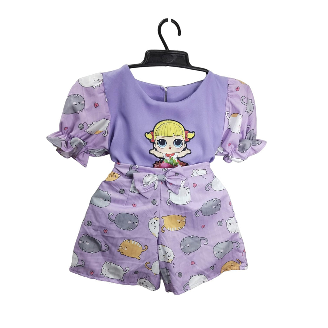 Cartoon Cat Pajamas Set with Short Sleeve Shirt - Girls' Baby Doll Clothes, Purple Toddler Outfit