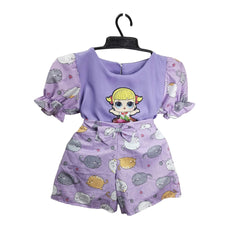 Cartoon Cat Pajamas Set with Short Sleeve Shirt - Girls' Baby Doll Clothes, Purple Toddler Outfit