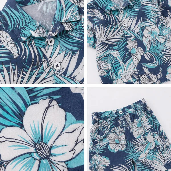 Hawaiian-Inspired Men's Tropical Short Set, Blue and White Printed Shirt and Shorts