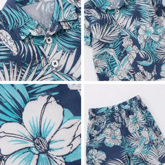 Hawaiian-Inspired Men's Tropical Short Set, Blue and White Printed Shirt and Shorts