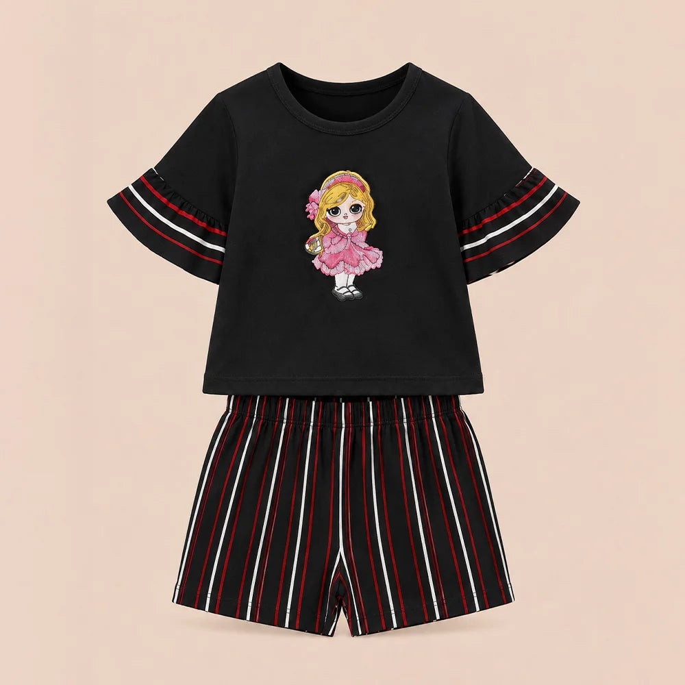 Vintage Black Embroidered Shirt with Red Sleeve Detail - Girls Fashion