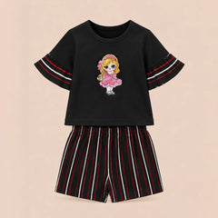 Vintage Black Embroidered Shirt with Red Sleeve Detail - Girls Fashion