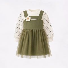 Elegant Baby Girl Dress | Pastel Green Chiffon with White Polka Dots | Floral Jumper