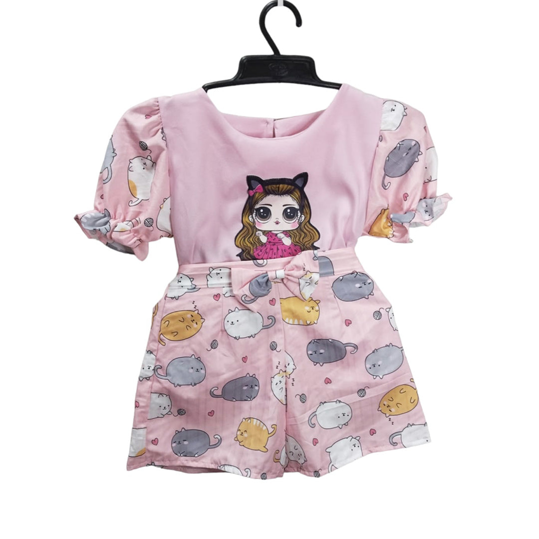 Adorable Girls One-piece Pajama, Funny Cats Design, Short Sleeve