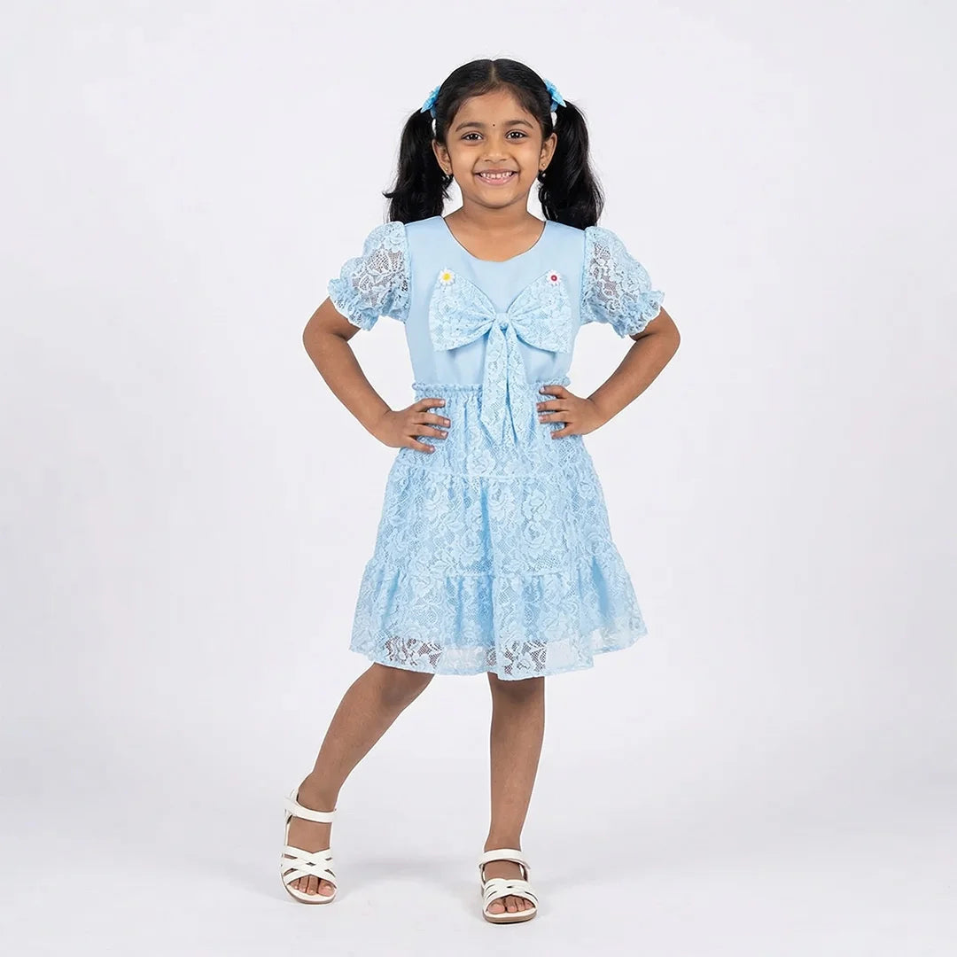 Blue Floral Lace Child's Dress with Ruffle Sleeeves - Girls' Party Dress
