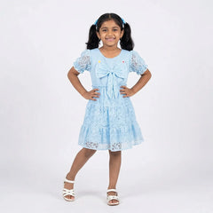 Blue Floral Lace Child's Dress with Ruffle Sleeeves - Girls' Party Dress