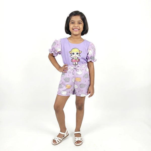 Cartoon Cat Pajamas Set with Short Sleeve Shirt - Girls' Baby Doll Clothes, Purple Toddler Outfit