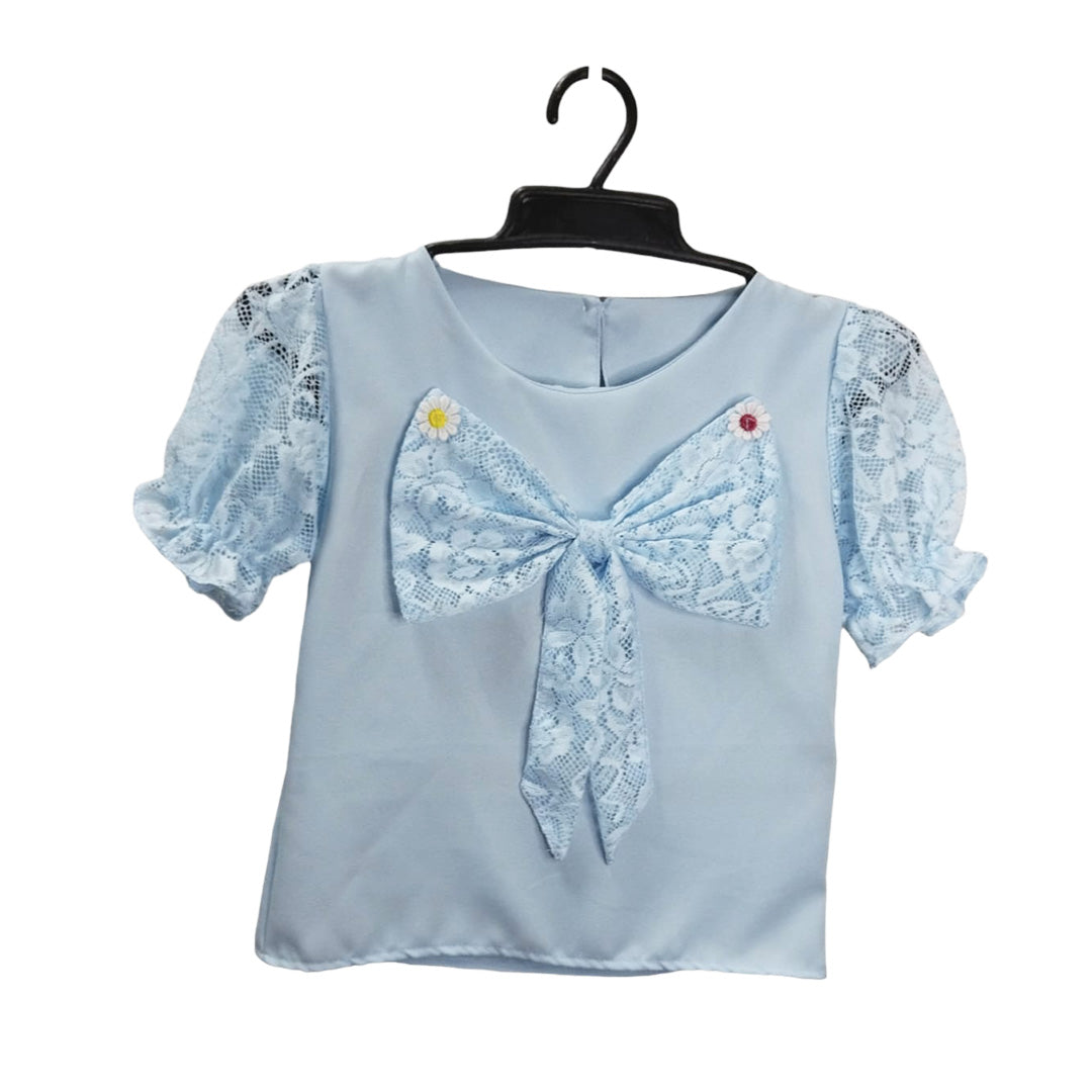 Blue Floral Lace Child's Dress with Ruffle Sleeeves - Girls' Party Dress