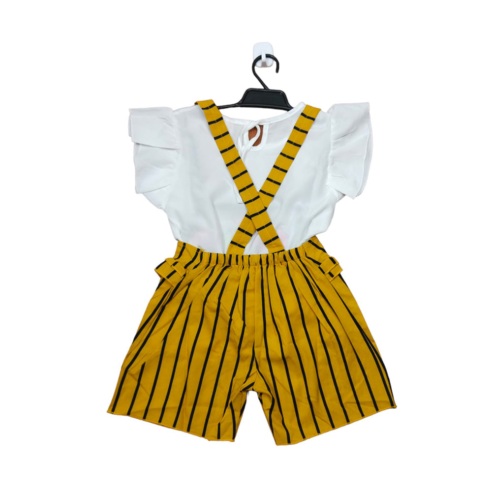 Cat-themed baby romper with yellow suspenders and ruffle trim