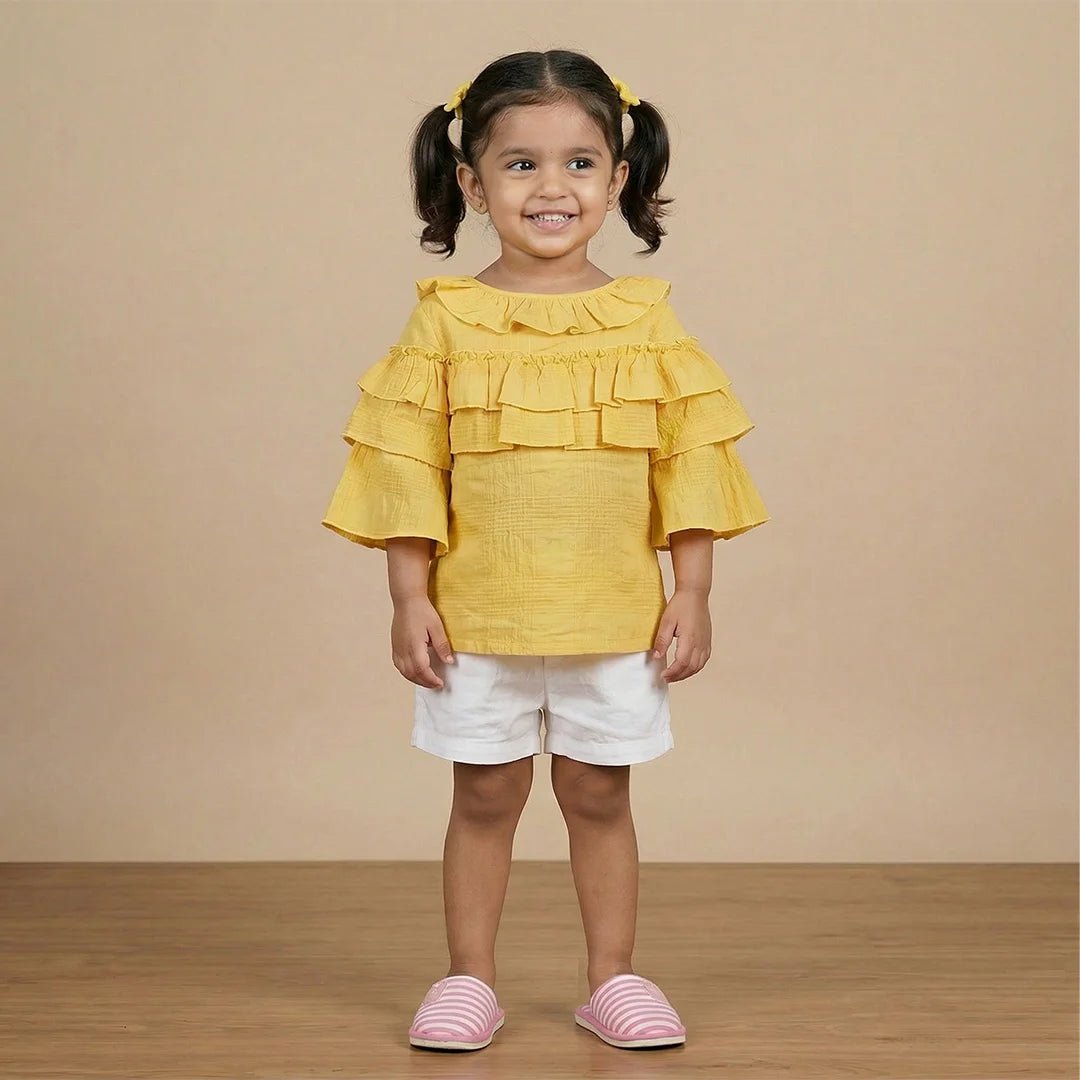 Yellow Puffer Coat with Ruffled Sleeve Detail