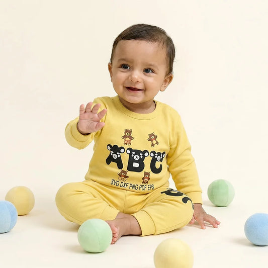 Yellow Baby Onesie with ABC and Bear Pattern | Kids Clothing Set