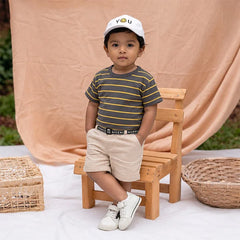 Fashionable Striped T-shirt with Cute Shorts Set, Kids' Summer Outfit Set (Cotton, Yellow and Gray Stripes)