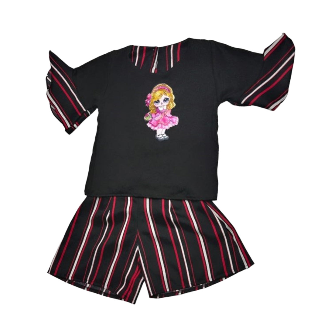 Vintage Black Embroidered Shirt with Red Sleeve Detail - Girls Fashion