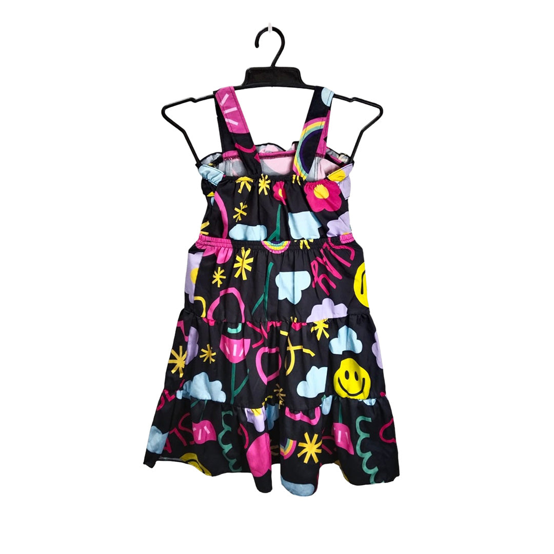 Black Dress with Colorful Prints and Pockets, Girls' Party Outfit