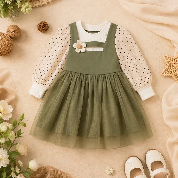 Elegant Baby Girl Dress | Pastel Green Chiffon with White Polka Dots | Floral Jumper