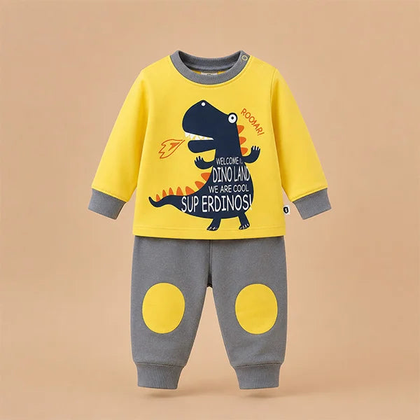 Baby Dinosaur Long-Sleeve Jumpsuit and Onesie with Yellow Eggs Design (2pc Set)