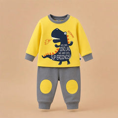 Baby Dinosaur Long-Sleeve Jumpsuit and Onesie with Yellow Eggs Design (2pc Set)