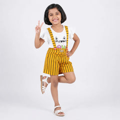 Cat-themed baby romper with yellow suspenders and ruffle trim