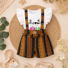 Colorful Patterned Overalls with Cat Print T-shirt
