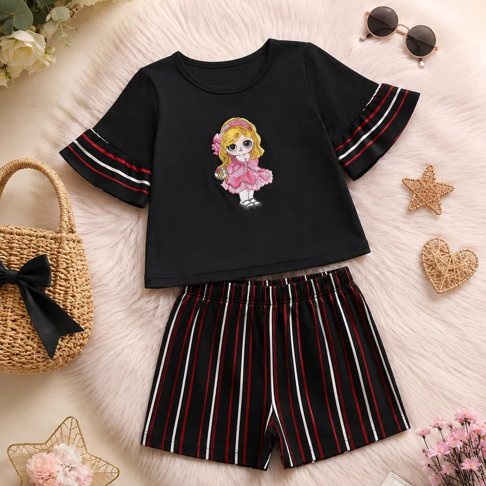 Vintage Black Embroidered Shirt with Red Sleeve Detail - Girls Fashion