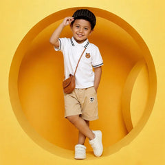 Infant Uniform with Teddy Bear Accessories - Classic White Polo with Brown Stripes