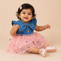Adorable Blue Baby Girl Skirted Tunic with Pink Stars and Bow