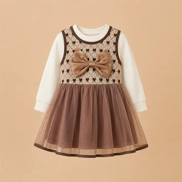 Adorable Brown Bow Baby Dress with Lace Trim & Ruffle Sleeve (Pink Flowers, Romper Set)
