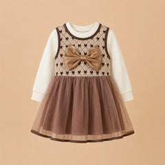 Adorable Brown Bow Baby Dress with Lace Trim & Ruffle Sleeve (Pink Flowers, Romper Set)