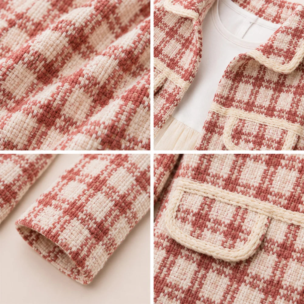 Chic Baby Girls' Jacket and Skirt Set with Ruffled Collar and Heart Buttons - Adorable Red Plaid