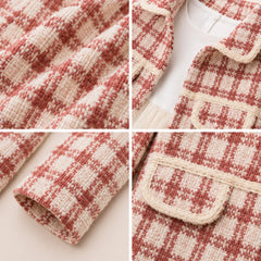 Chic Baby Girls' Jacket and Skirt Set with Ruffled Collar and Heart Buttons - Adorable Red Plaid