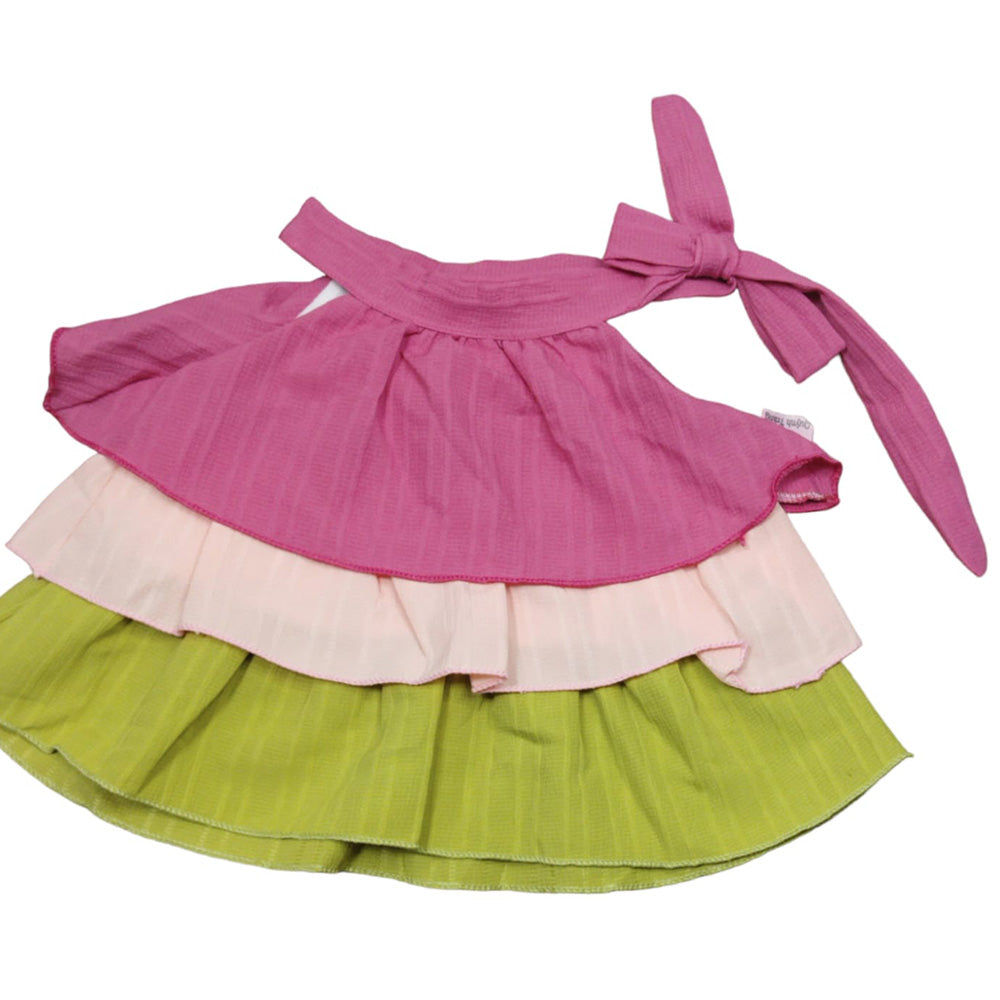 Kids Summer Fashion Set - Colorful Ruffle Romper, Pink & Green Shorts.