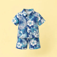 Hawaiian-Inspired Men's Tropical Short Set, Blue and White Printed Shirt and Shorts