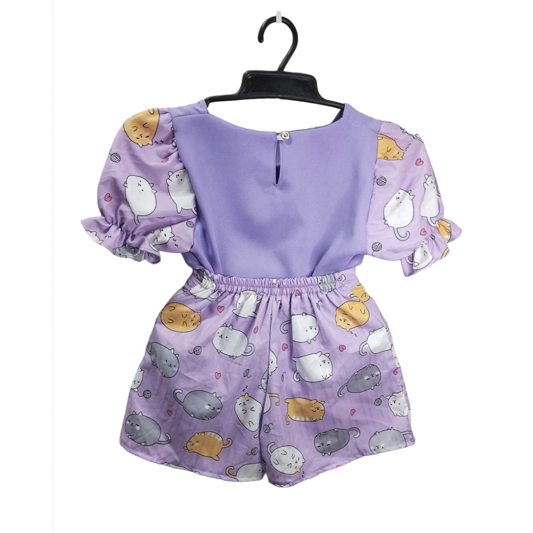 Cartoon Cat Pajamas Set with Short Sleeve Shirt - Girls' Baby Doll Clothes, Purple Toddler Outfit