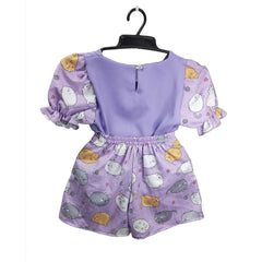 Cartoon Cat Pajamas Set with Short Sleeve Shirt - Girls' Baby Doll Clothes, Purple Toddler Outfit