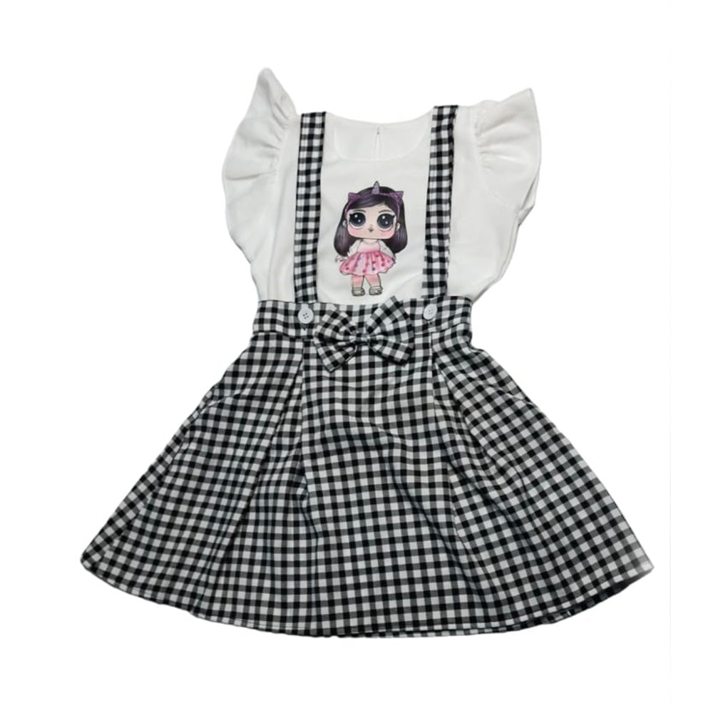 Girls Jumpsuit, Black and White Checkered Dress with Kawaii Anime Character, Casual Fashion