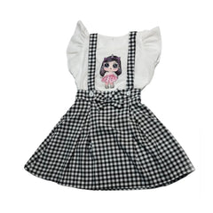 Girls Jumpsuit, Black and White Checkered Dress with Kawaii Anime Character, Casual Fashion