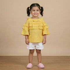Yellow Puffer Coat with Ruffled Sleeve Detail