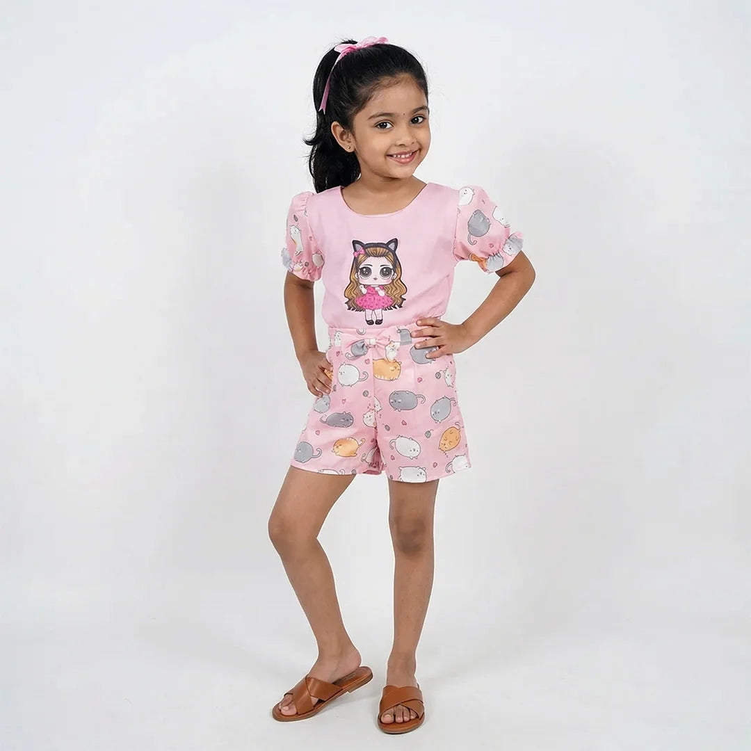Adorable Girls One-piece Pajama, Funny Cats Design, Short Sleeve
