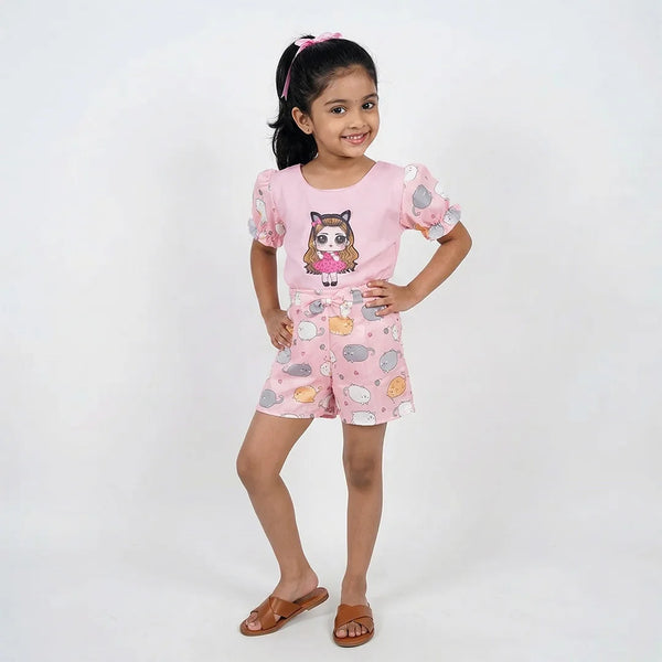 Adorable Girls One-piece Pajama, Funny Cats Design, Short Sleeve