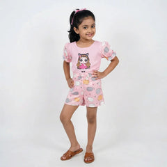 Adorable Girls One-piece Pajama, Funny Cats Design, Short Sleeve