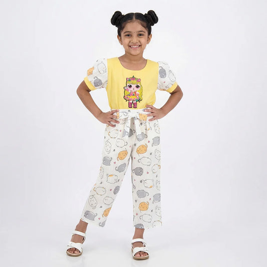 Adorable Baby Onesie with Stylish Jumpsuit - Unique Cat Pattern and Yellow Bib