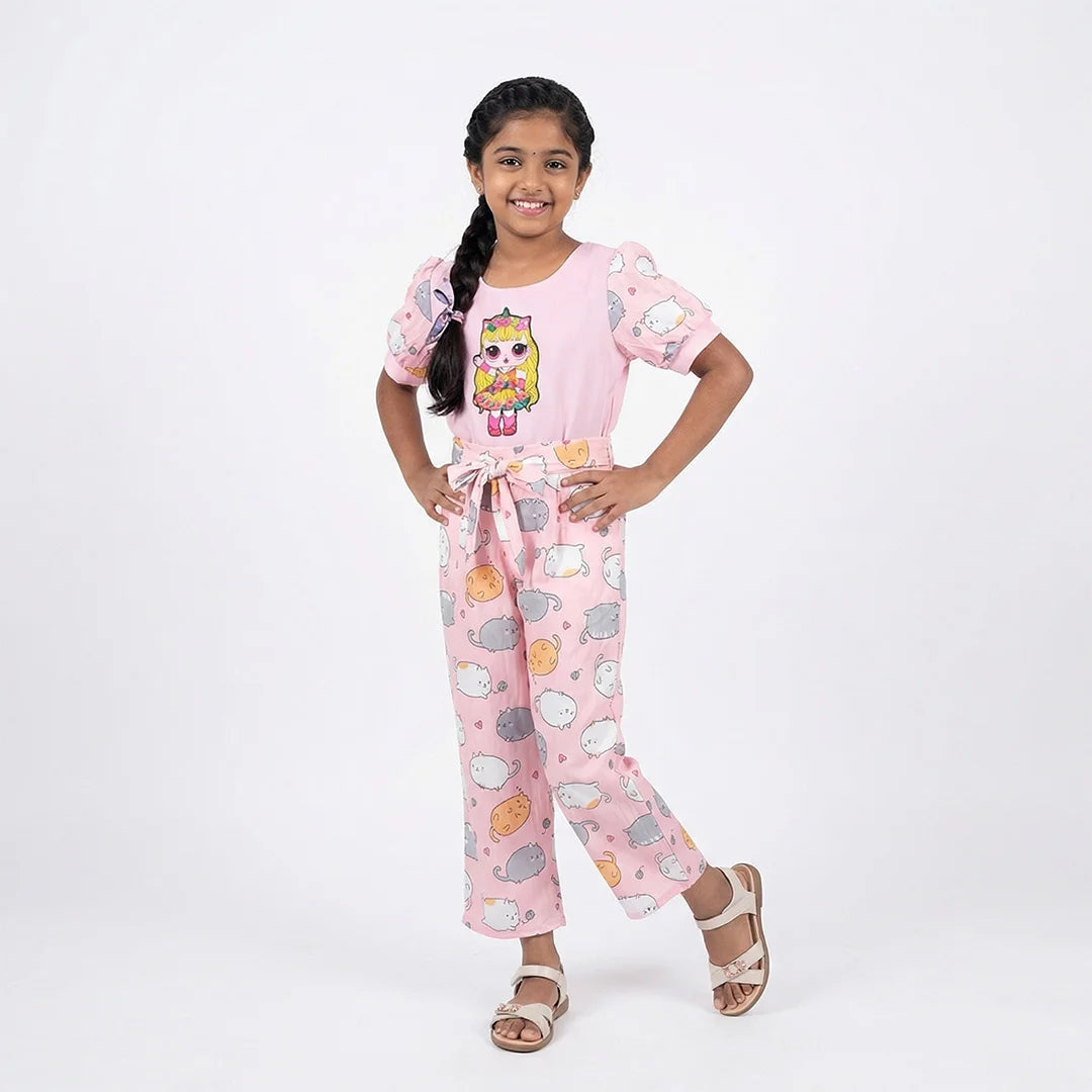 Pink Cat Onesie, Kids Jumpsuit Pajamas, Unicorn Patterned Baby Clothing